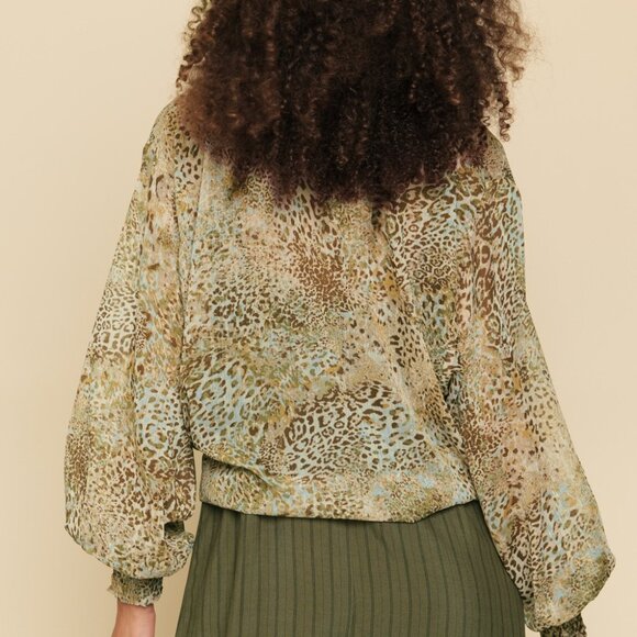 MYSTREE Leopard Print Tie Front Blouse, Sheer Long Sleeve Animal Print Top - Picture 6 of 8